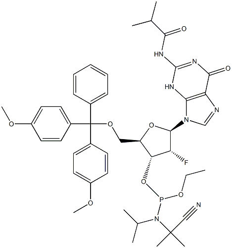 5'-O-[Bis(4-metoksifenil)fenilmetil]-2'-deoksi-2'-fluoro-N-(2-metil-1-oksopropil)guanosin 3'-[2-sianoetil N,N-bis( 1-metiletil)fosforamidit]